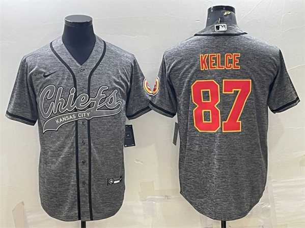 Men%27s Kansas City Chiefs #87 Travis Kelce Gray With Patch Cool Base Stitched Baseball Jersey->kansas city chiefs->NFL Jersey